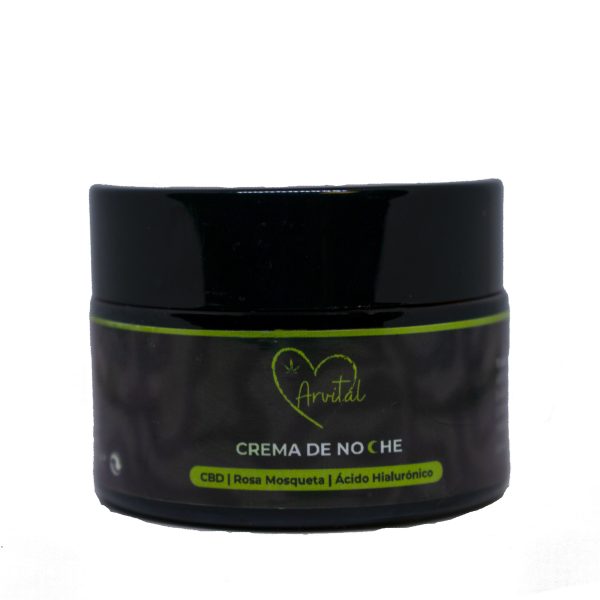 Crema facial nocturna con CBD, rosa mosqueta y ácido hialurónico.