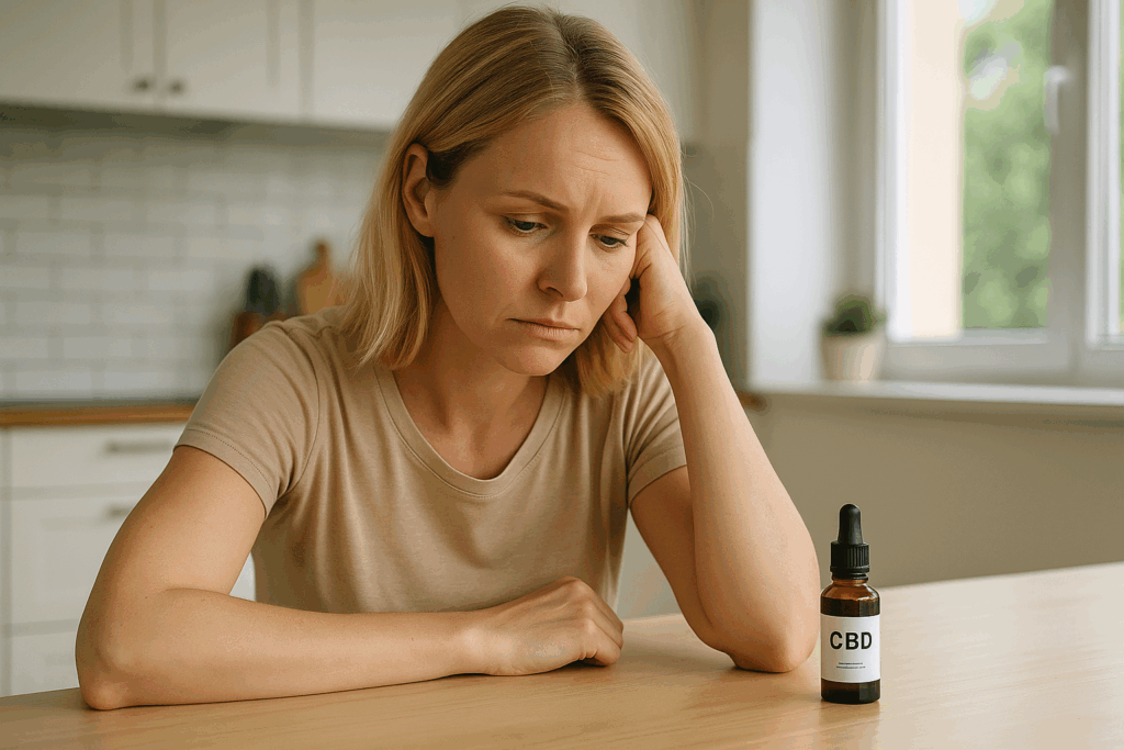 Mujer pensativa sentada en una cocina luminosa, observando un frasco de aceite de CBD sobre la mesa, en un entorno tranquilo y moderno.