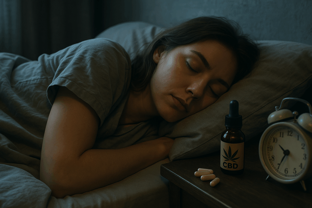 Mujer durmiendo plácidamente en su cama junto a un frasco de aceite de CBD y cápsulas naturales, ilustrando los beneficios del cannabidiol para un sueño reparador