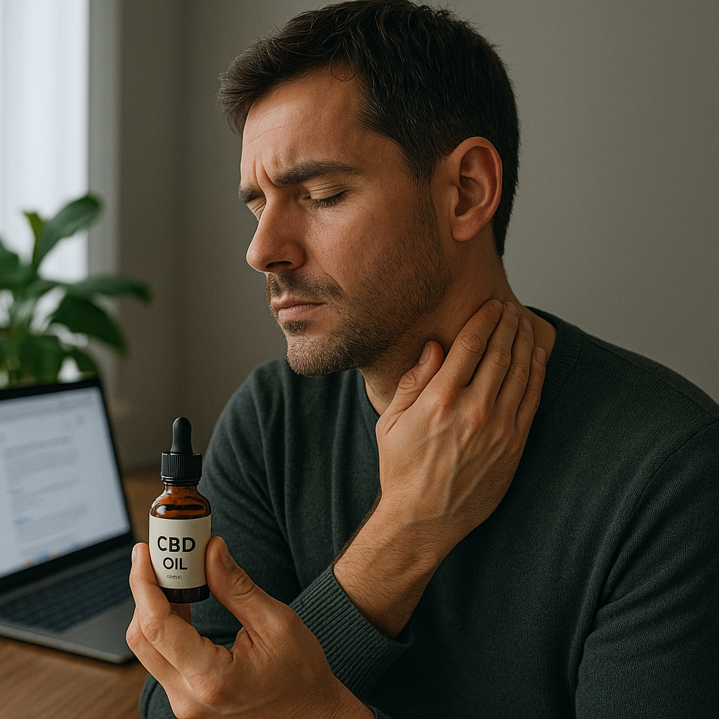 Hombre aplicando aceite de CBD en el cuello mientras trabaja, como parte de su rutina de autocuidado.