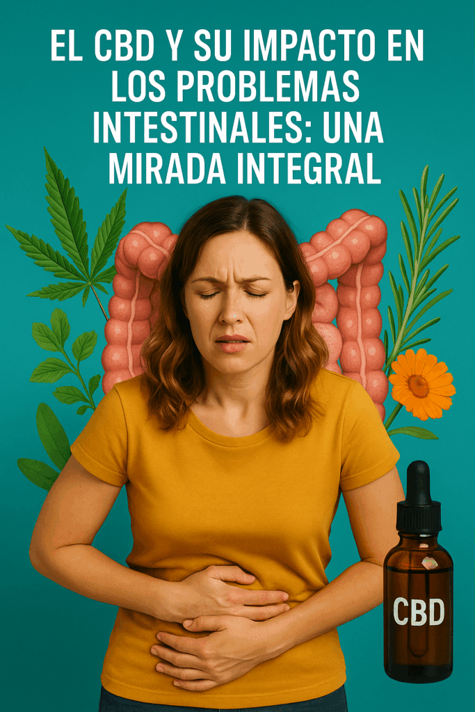 Mujer con molestias digestivas frente a una ilustración colorida del tracto intestinal, rodeada de plantas medicinales y un frasco de CBD, simbolizando el enfoque natural del cannabidiol en los problemas intestinales.