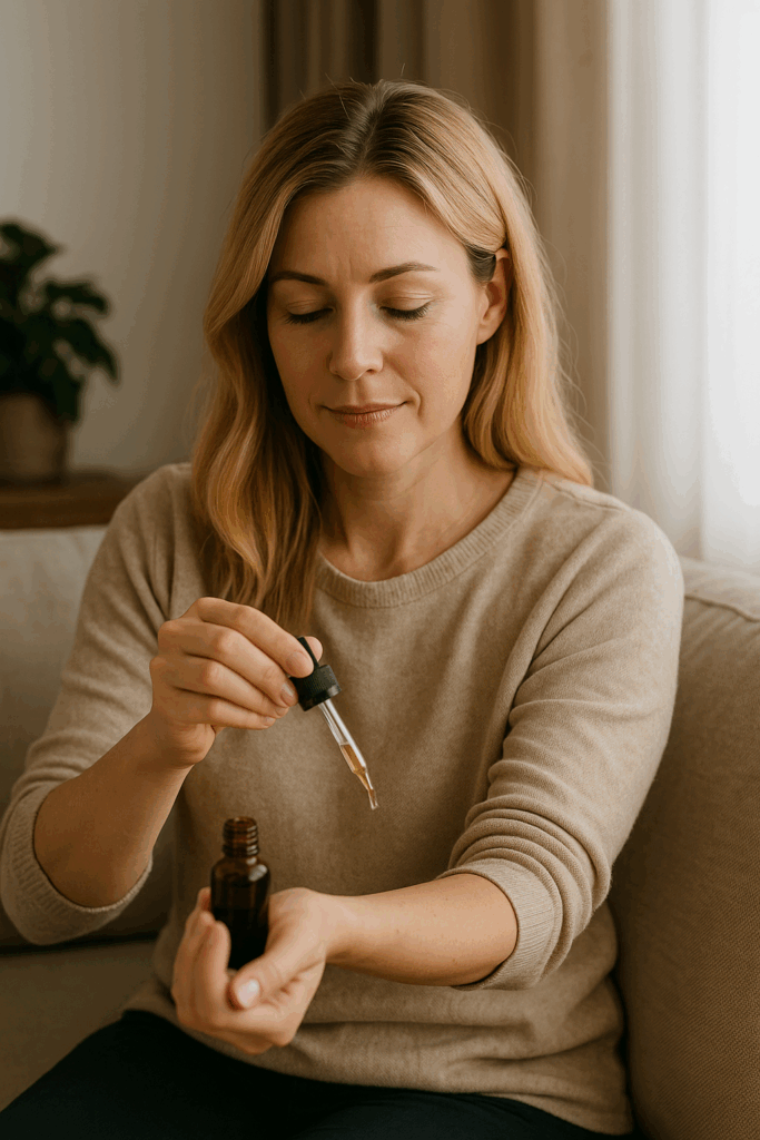 Mujer rubia aplicando aceite de CBD en el brazo como parte de su rutina de relajación digital en casa.